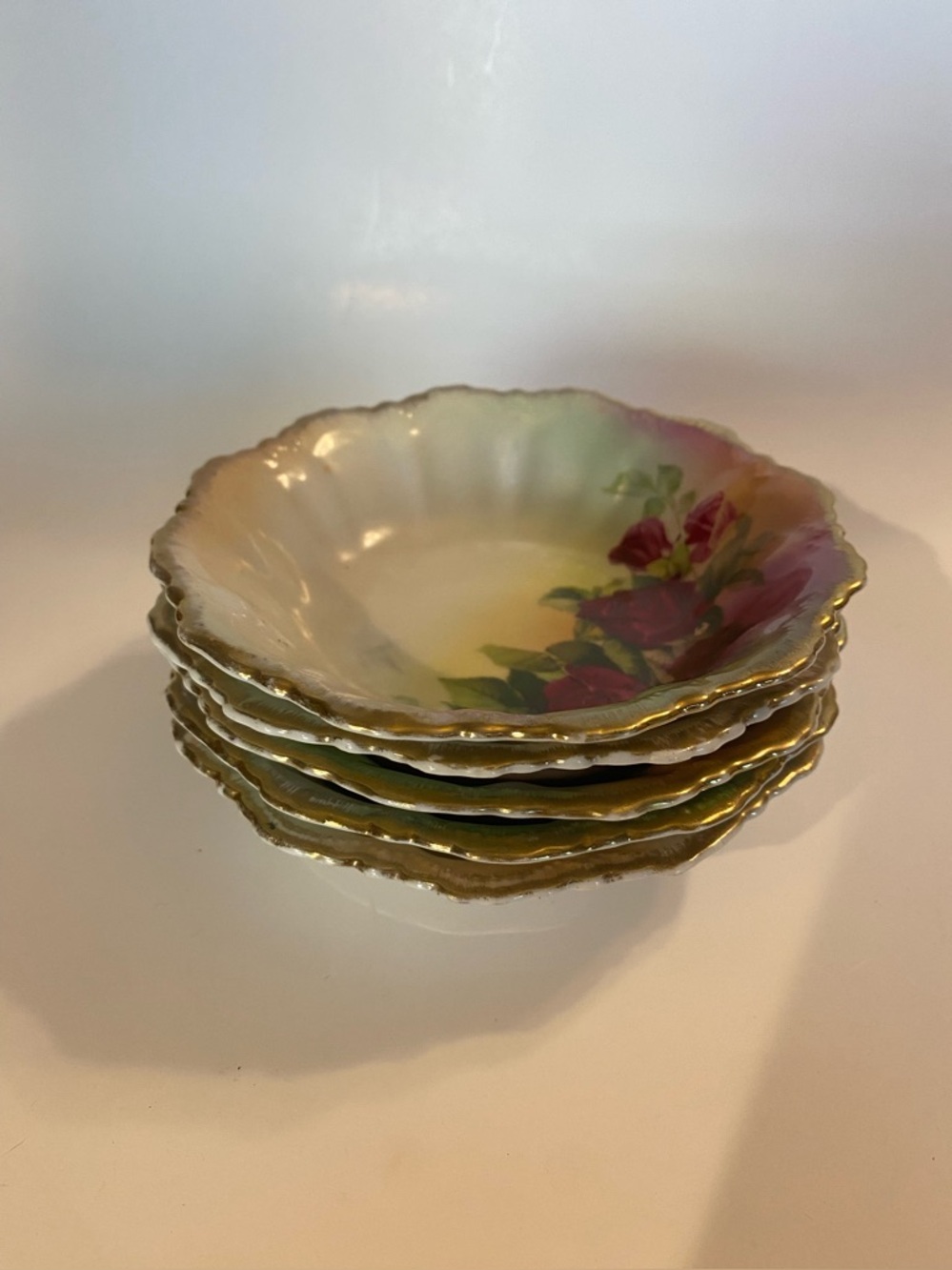 Antique Schwarzburg Germany Porcelain Berry Bowls Set of 5 Red Rose Gold Gilt 5”